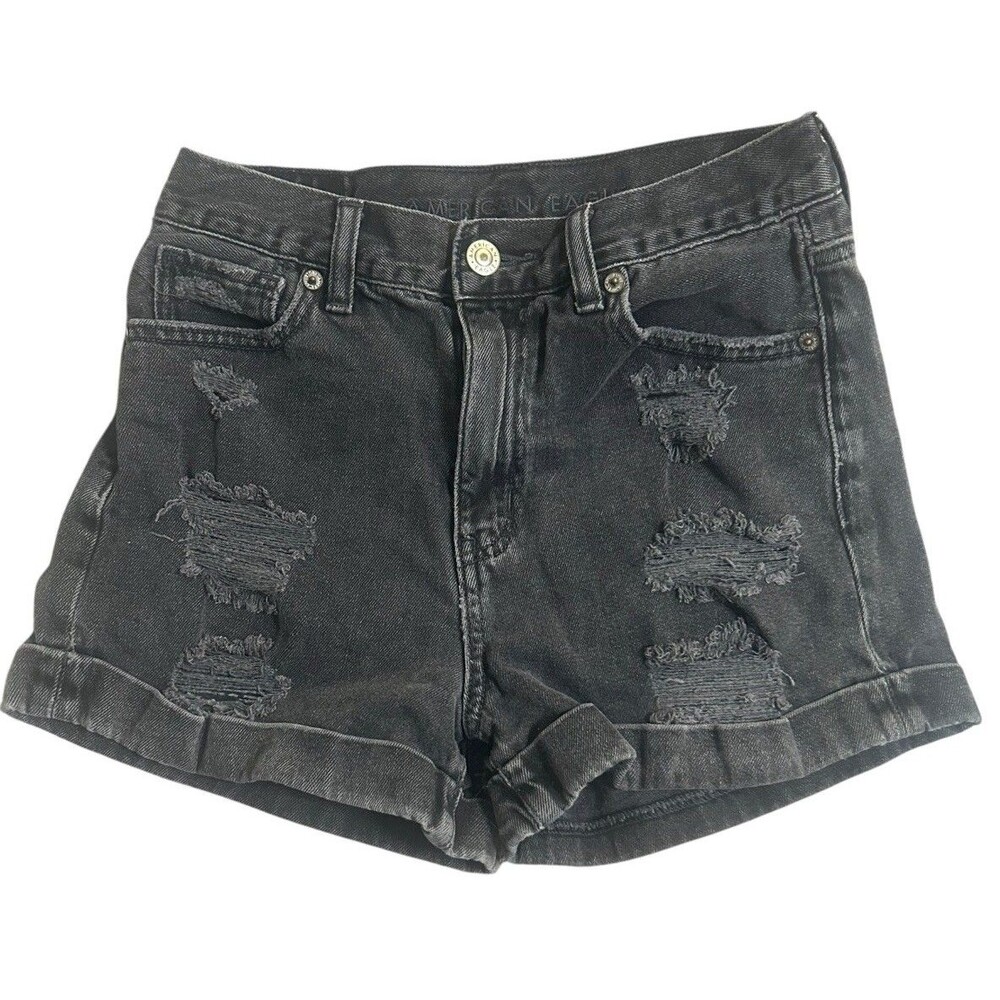 American Eagle Mom High Rise Rolled Cuff Short Black Stretch Distressed Denim 00